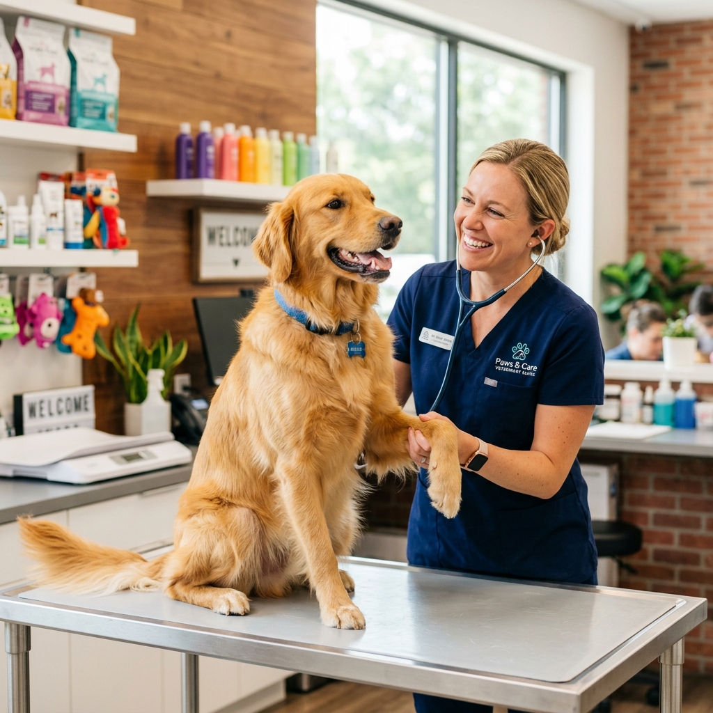 Veterinário com paciente pet em clínica iluminada